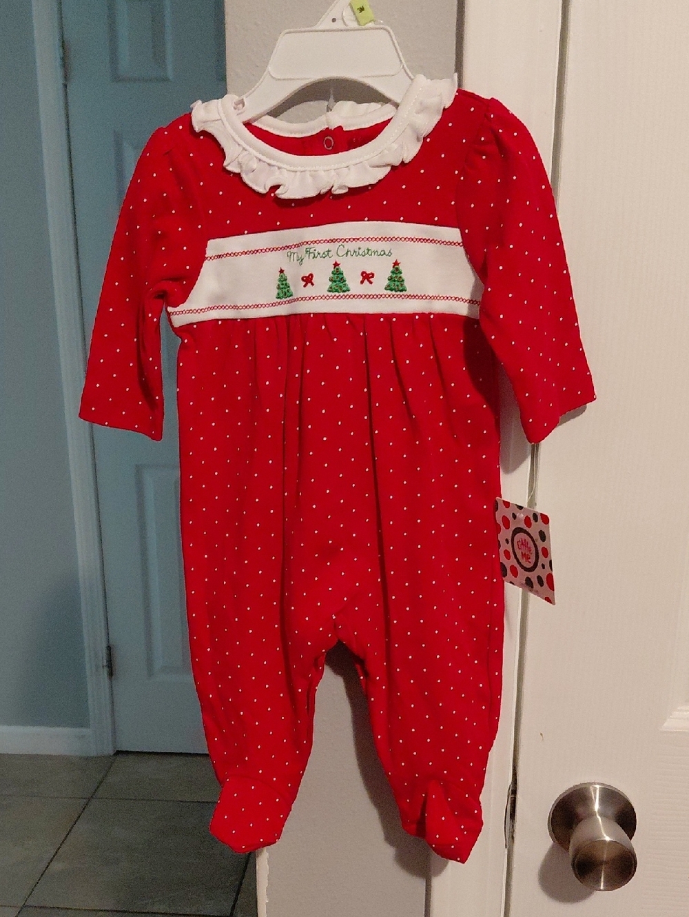 Little Me Red Baby One-Piece with White Polka Dots and Smocked Holiday Panel